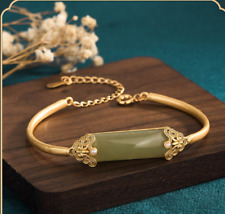 Green Jade Bangle Jade Charm Bracelet 18K Gold Plated Chain Dainty Gemstone picture