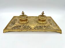 Antique Pierced Gilded Brass Baroque Double Inkwell Set German Patina LRG Heavy picture
