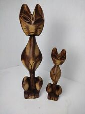 Pair Of  Vintage MCM Wood Grumpy Cats Decor Hand Carved 60’s Or 70’s Flat Backed picture