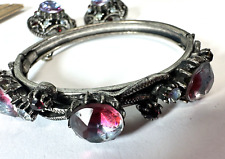 Vintage Bracelet Florenza Clip On Earrings Silvertone AB Purple Set Hinged J1 picture