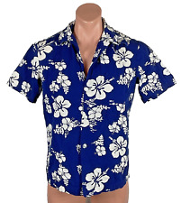 Vintage 60s Ui-Maikai Floral Blue Hawaiian Shirt Hibiscus Unsized Barkcloth picture