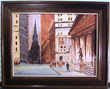 Vintage NYC Oil Painting Wall Street Trinity Church Cityscape picture