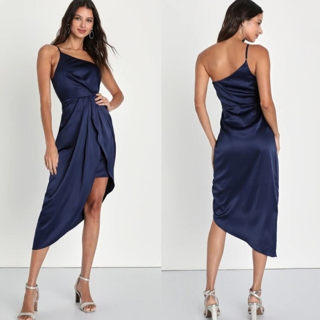 NWT Lulus Law of Attraction One-Shoulder Asymmetrical Midi Dress, Size L NWT Lulus Law of Attraction One-Shoulder Asymmetrical Midi Dress, Size L