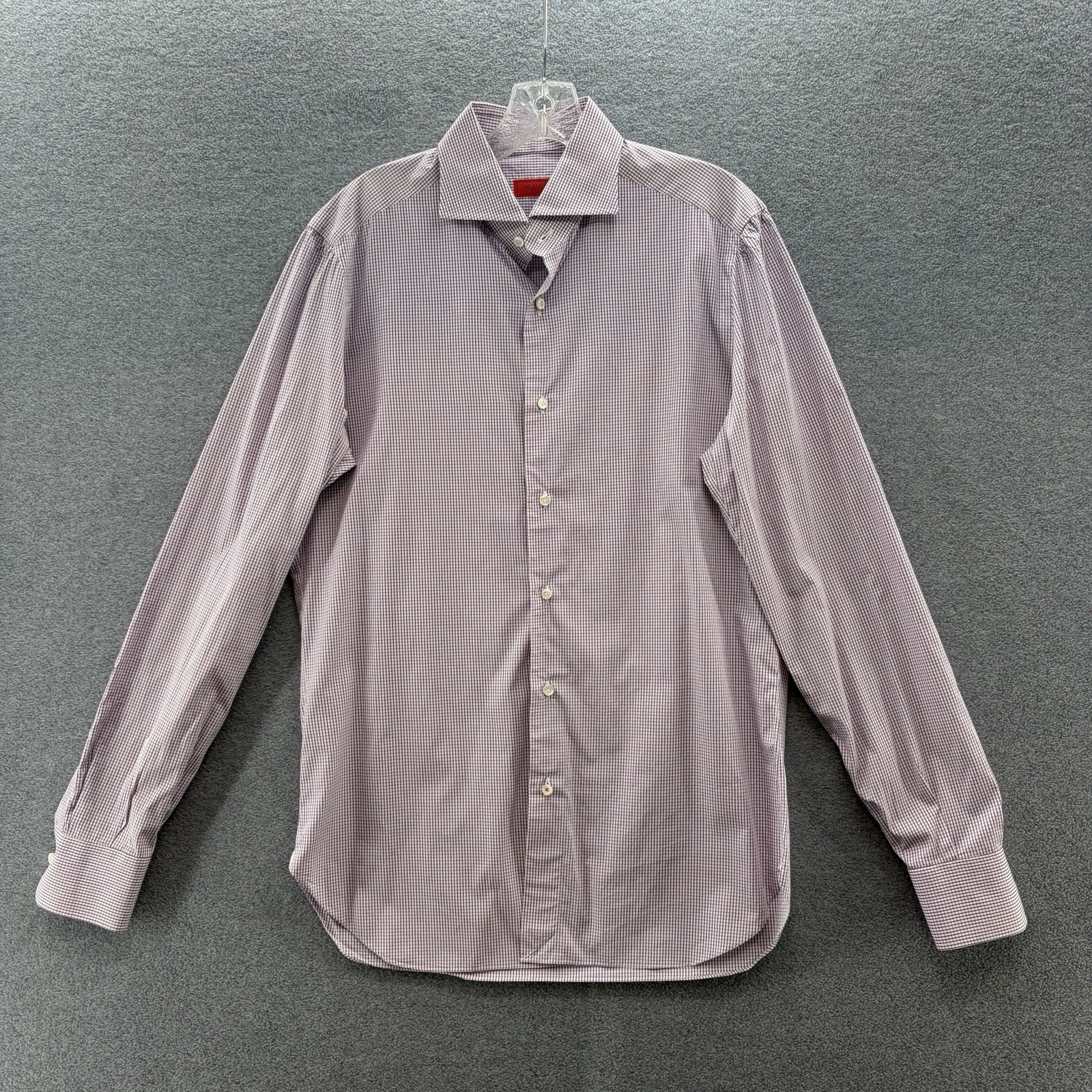 Isaia Dress Shirt Mens 15.5 39 Purple Windowpane Plaid Cotton Long Sleeve Italy