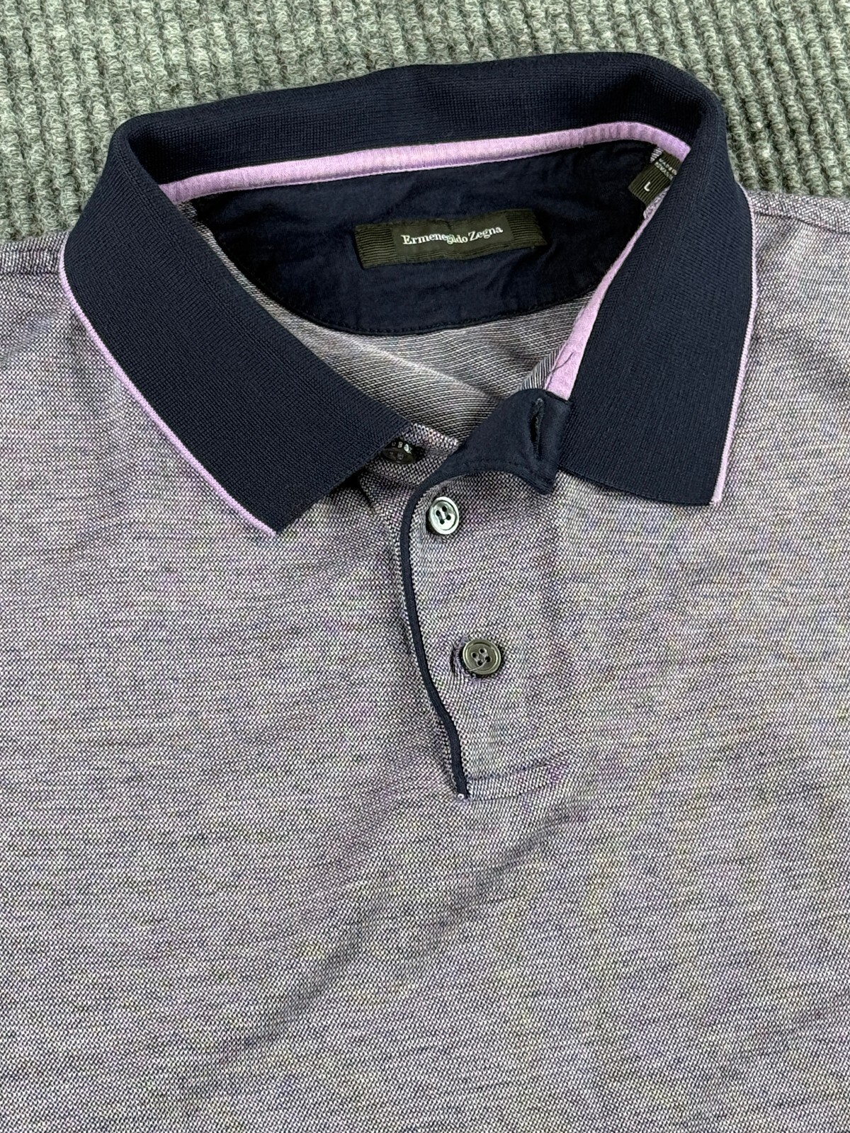 Ermenegildo Zegna Short Sleeve Polo Mens L Purple Navy Cotton Luxury Preppy