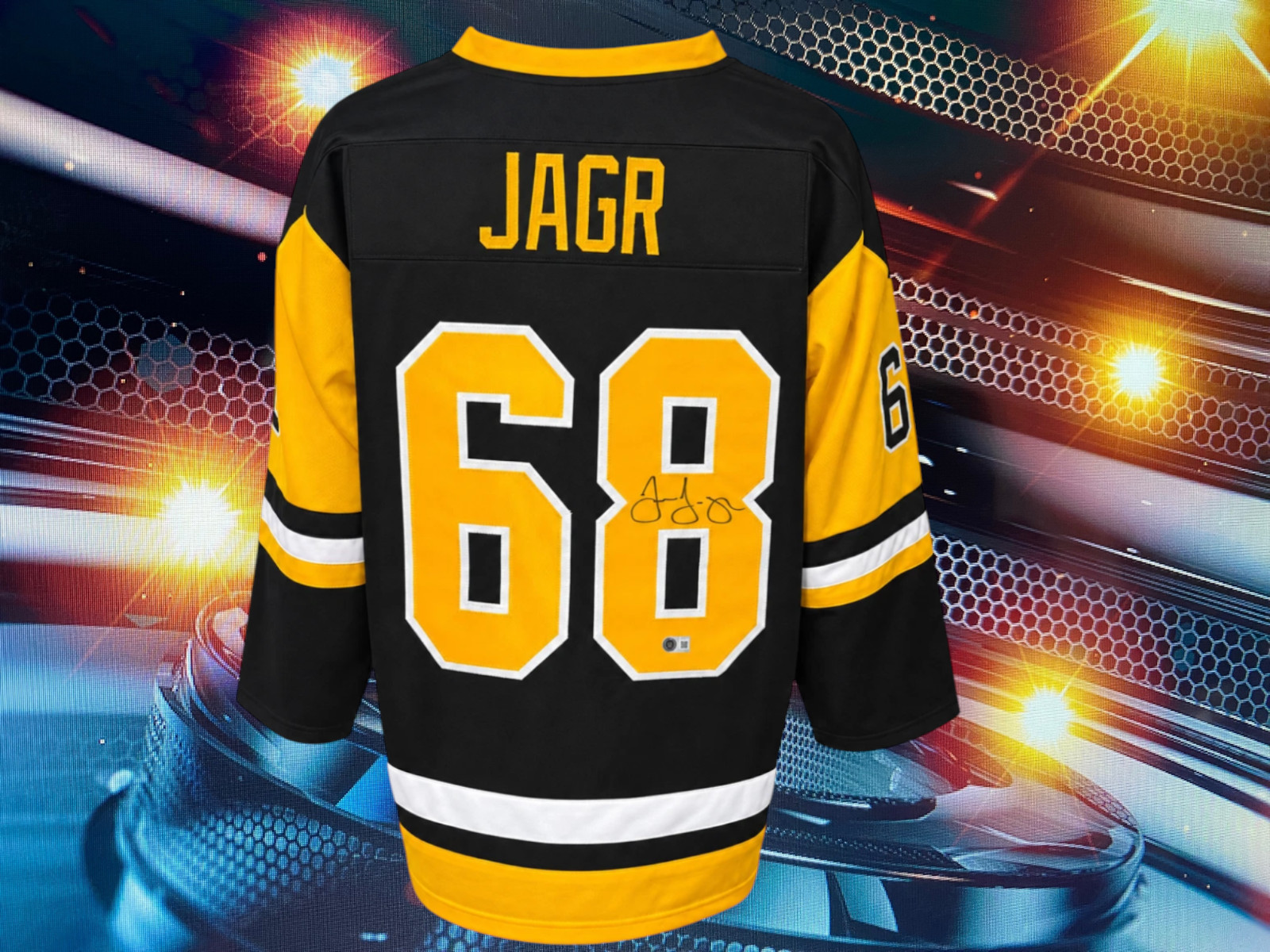 JAROMIR JAGR AUTOGRAPHED CUSTOM PITTSBURGH PENGUINS BLACK JERSEY COA BECKETT