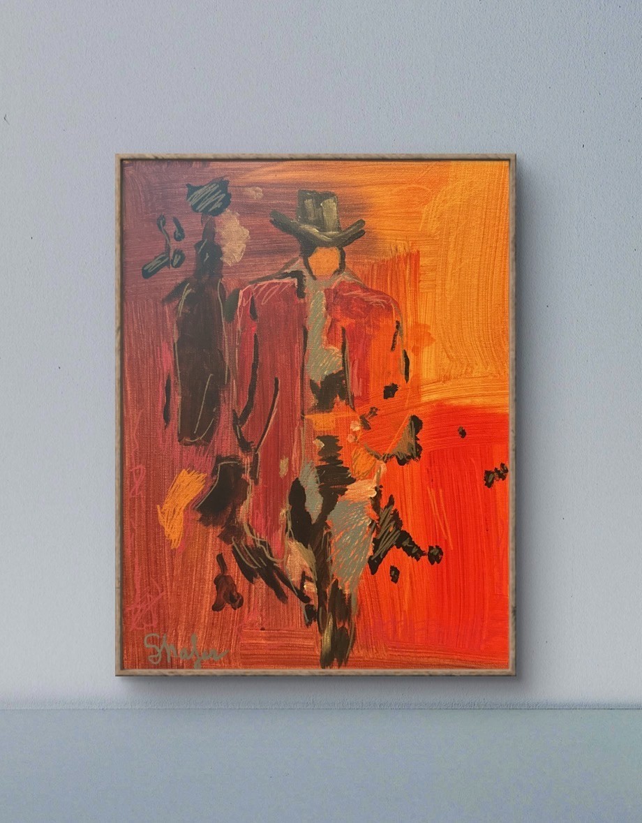 Shafer Original 11x14 Expressionist Abstract Figures Orange Red Painting Signed Shafer Original 11x14 Expressionist Abstract Figures Orange Red Painting Signed