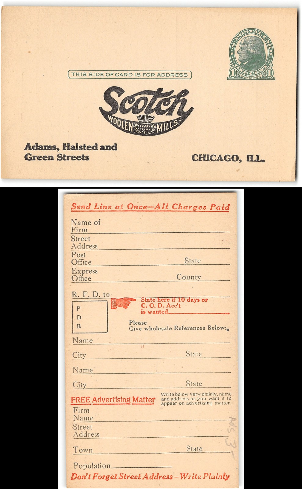 Pre-printed unused postal card with Scotch Woolen Mills ad Pre-printed unused postal card with Scotch Woolen Mills ad