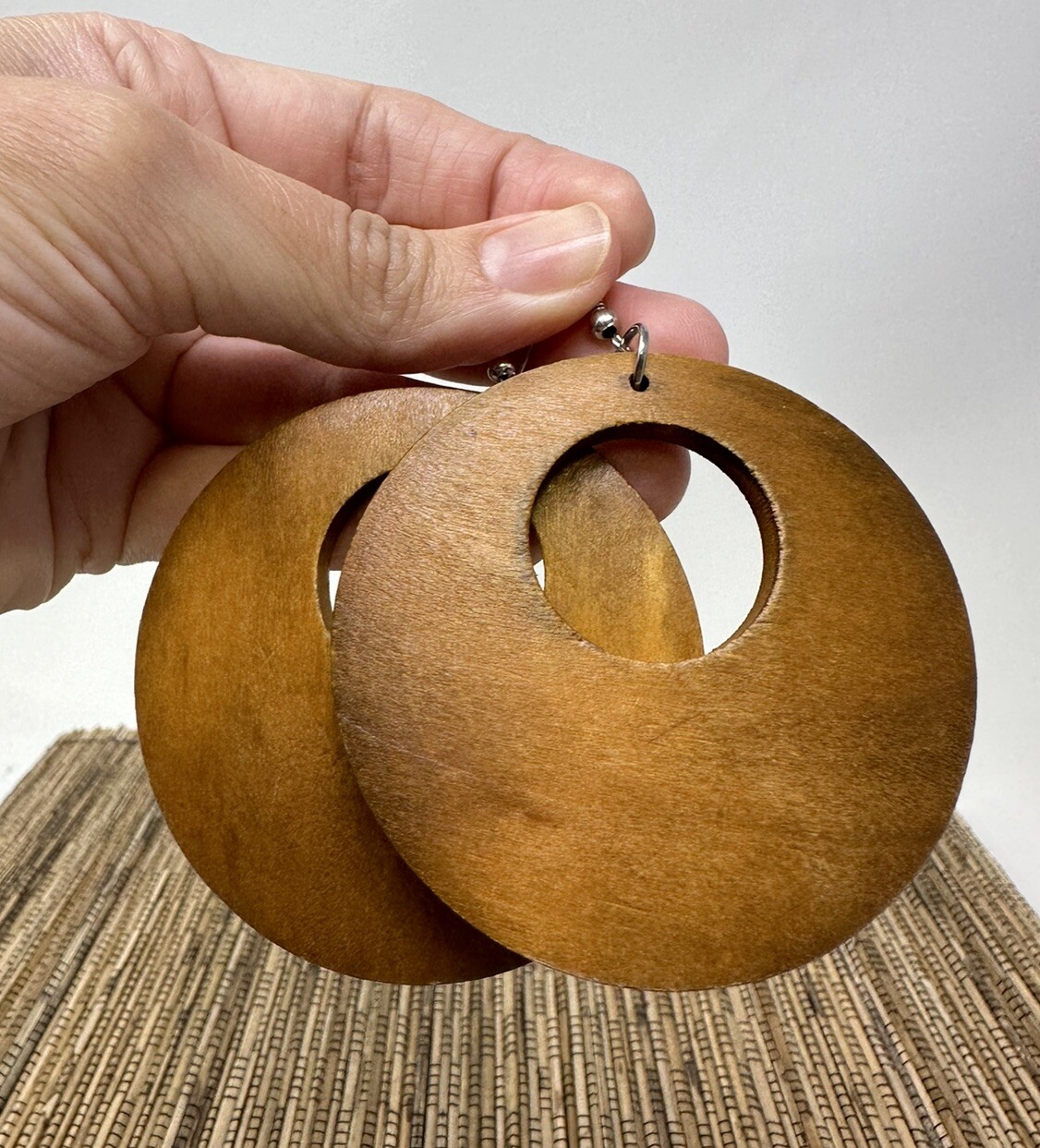 Brown Wooden Earrings Boho Round Disc Dangle Lightweight Statement Jewelry