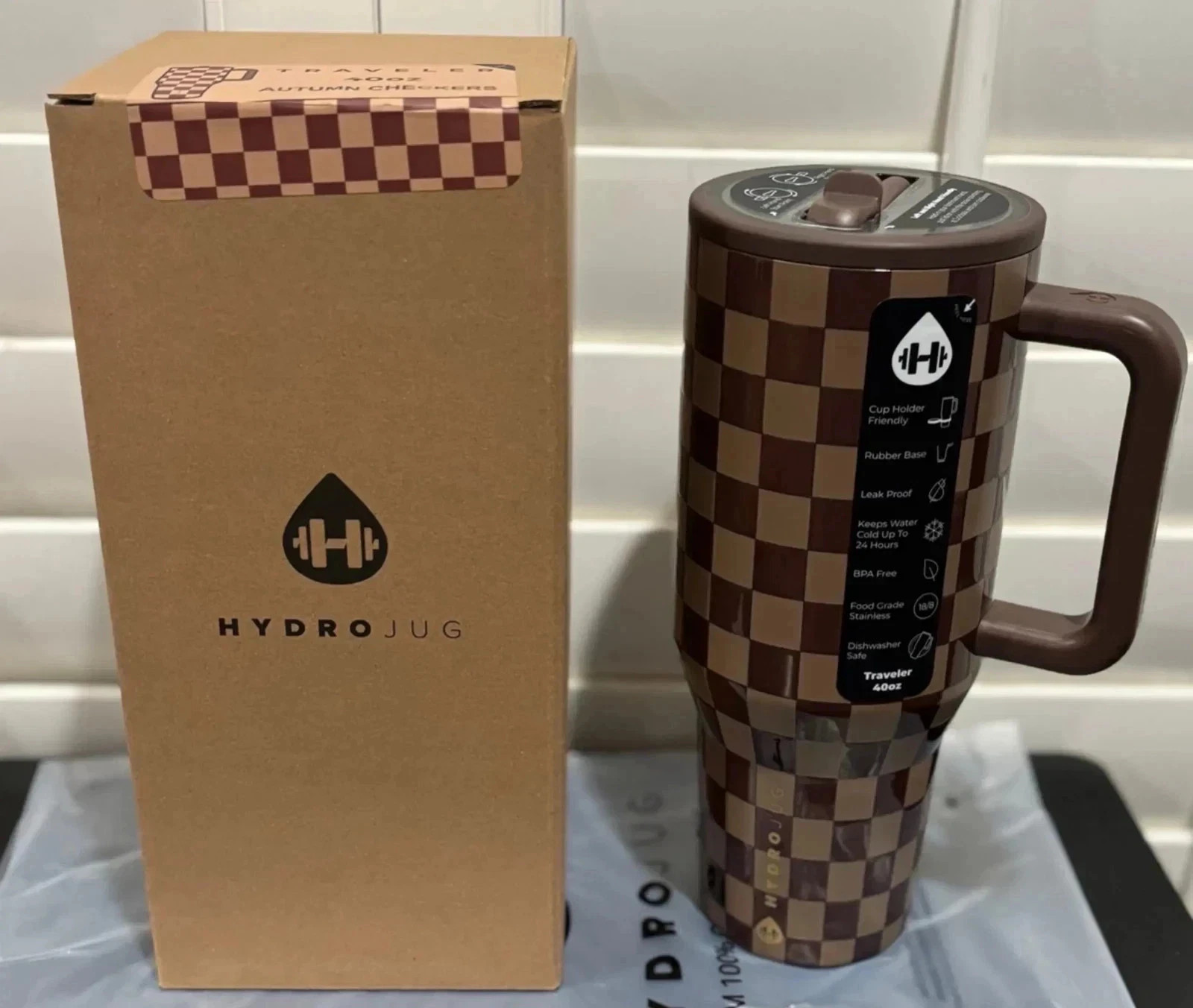 Brown Autumn Checker Hydrojug Traveler 40 oz Stainless Steel Flip Straw