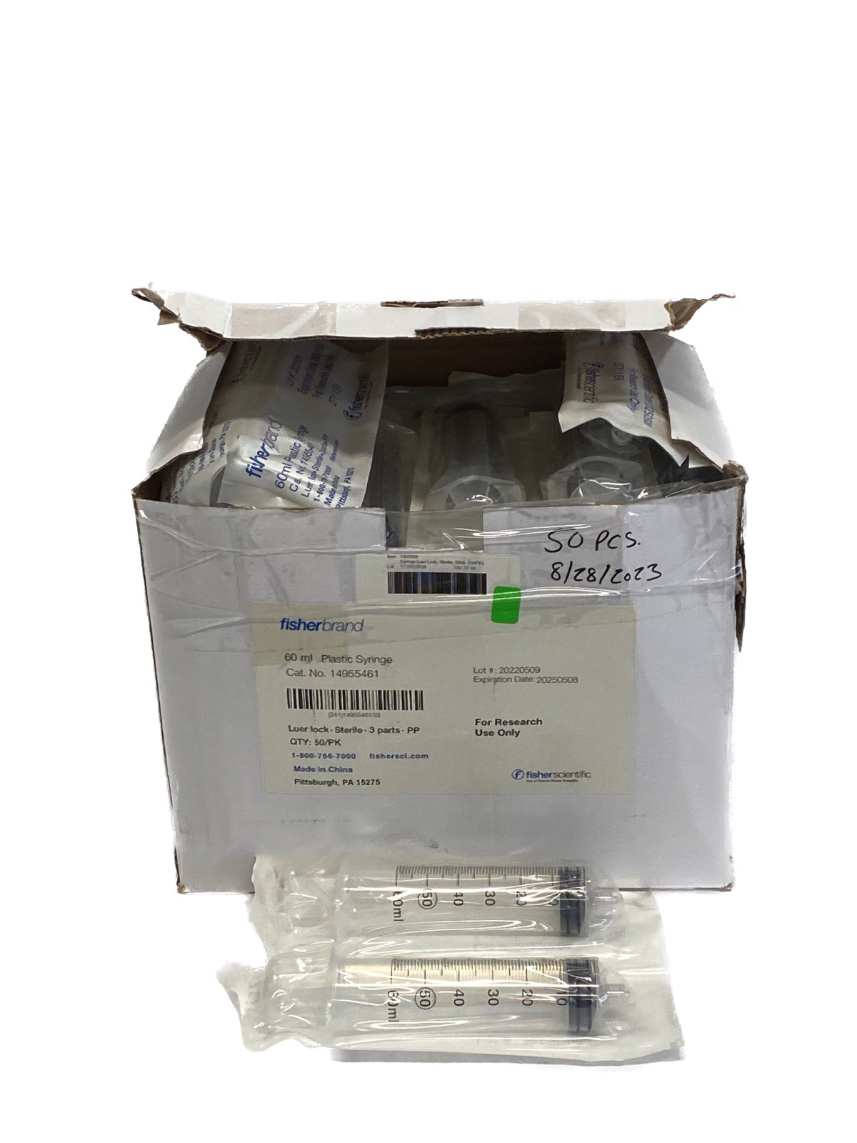 (50) FISHERBRAND 60mL General Use Disposable Plastic Syringes Luer 14-955-461