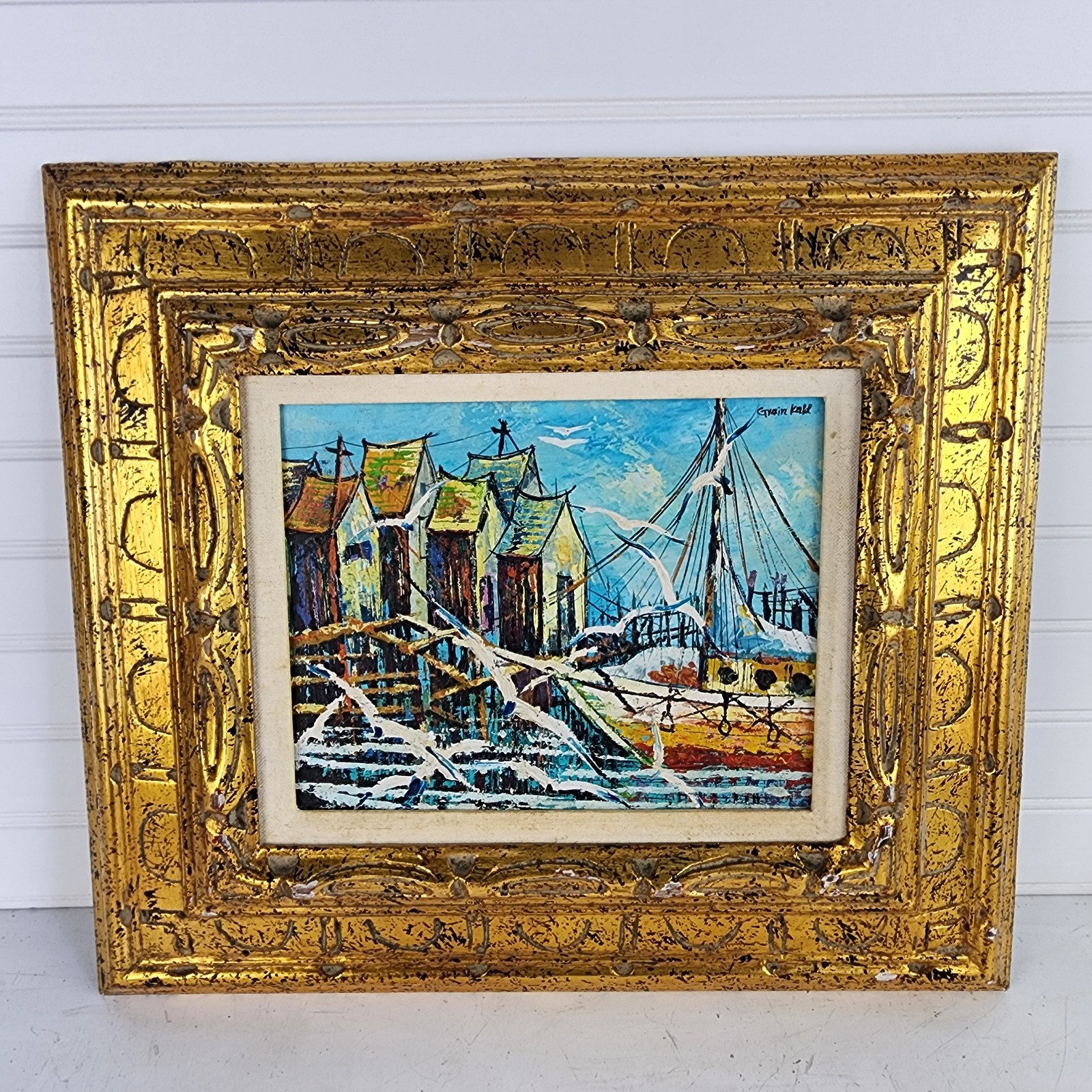 Nautical Boats Harbor Dock Scene Impressionist Oil Painting Art Signed 16\
