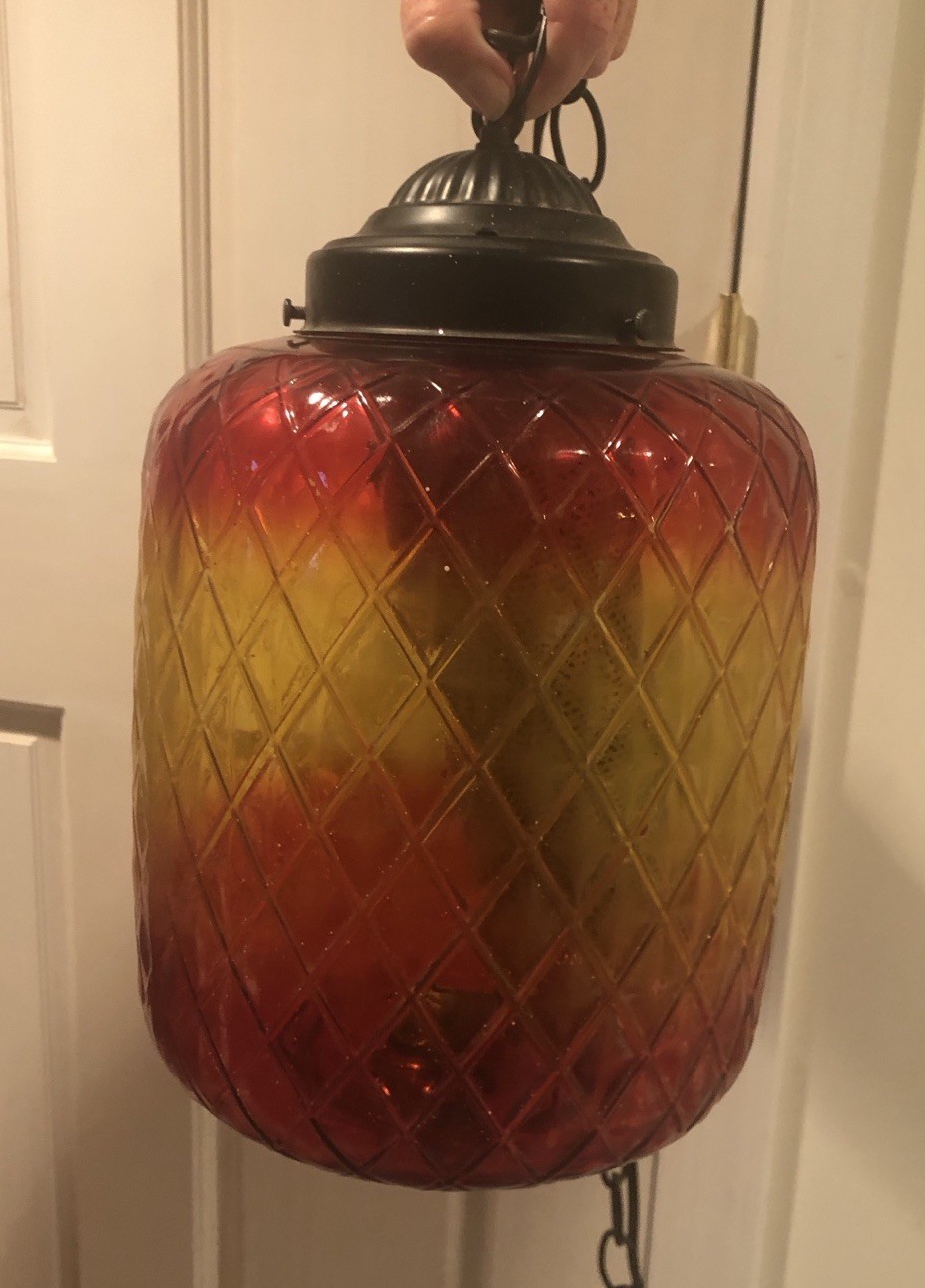 RARE Vintage Diamond Pattern Amberina Glass Hanging Swag Lamp 1960 MCM Red