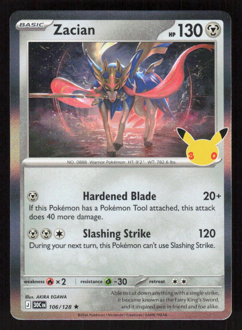 Pokemon Zacian 106/128 Holo Rare ME: 30th Celebration (NM)