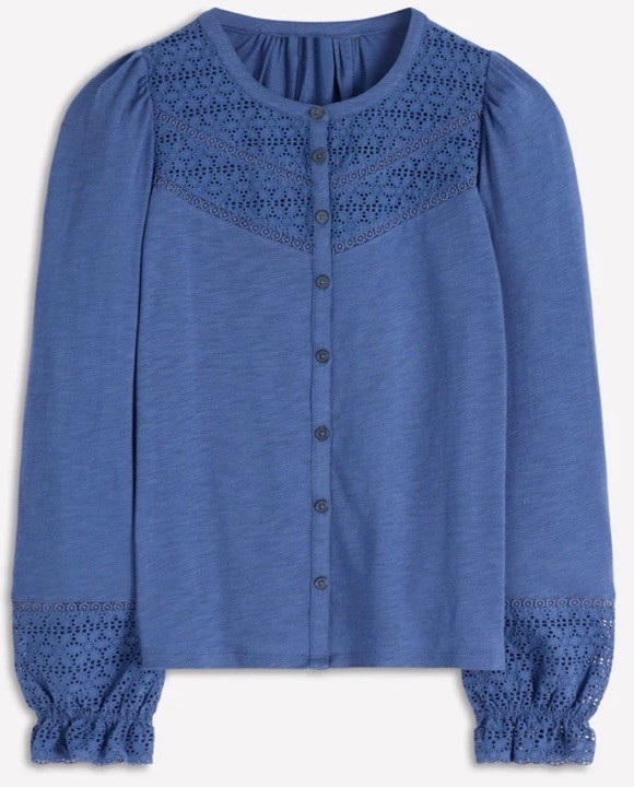 NWT Boden Women\'s Blue Pippa Broderie Jersey Shirt Sz 14