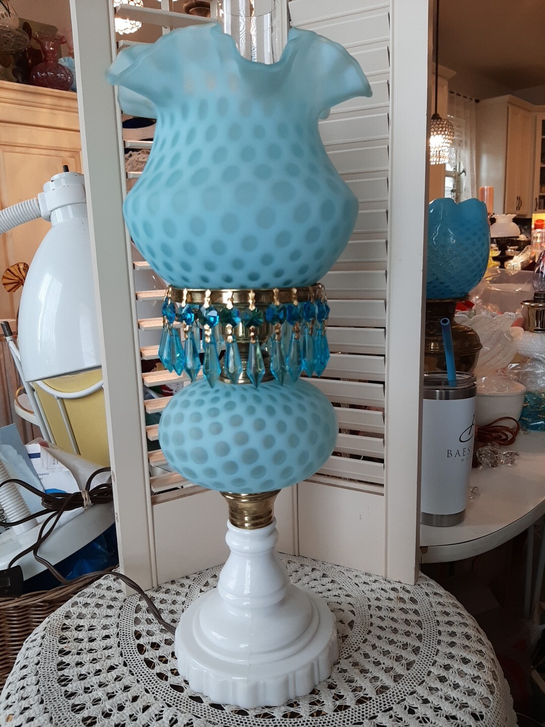 Vintage Fenton Blue Honeycomb Satin Hurricane Accent Lamp ABSOLUTELY STUNNING