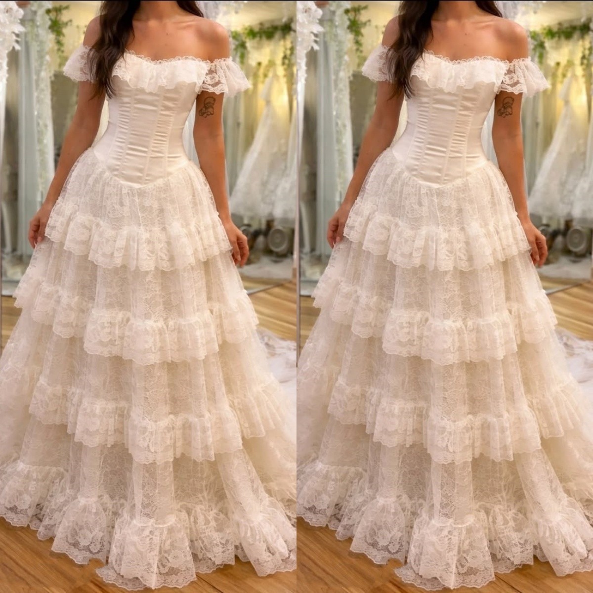 Lace Ivory Wedding Dress Off Shoulder Vintage Ruffles Tiered A Line Bridal Gowns