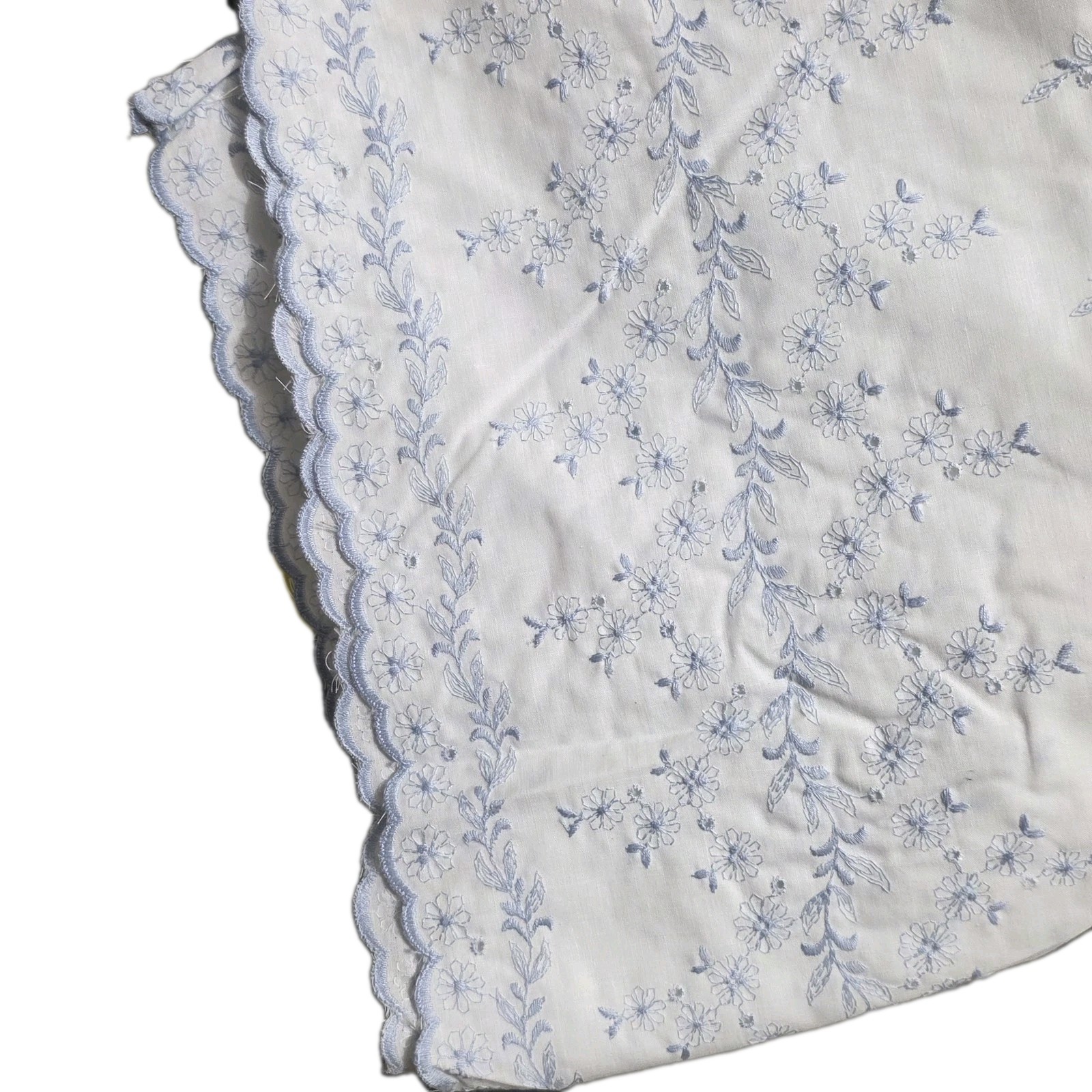 Vintage Mid-Century Full Flat Sheet Blue Floral Embroidered Scalloped 100x82