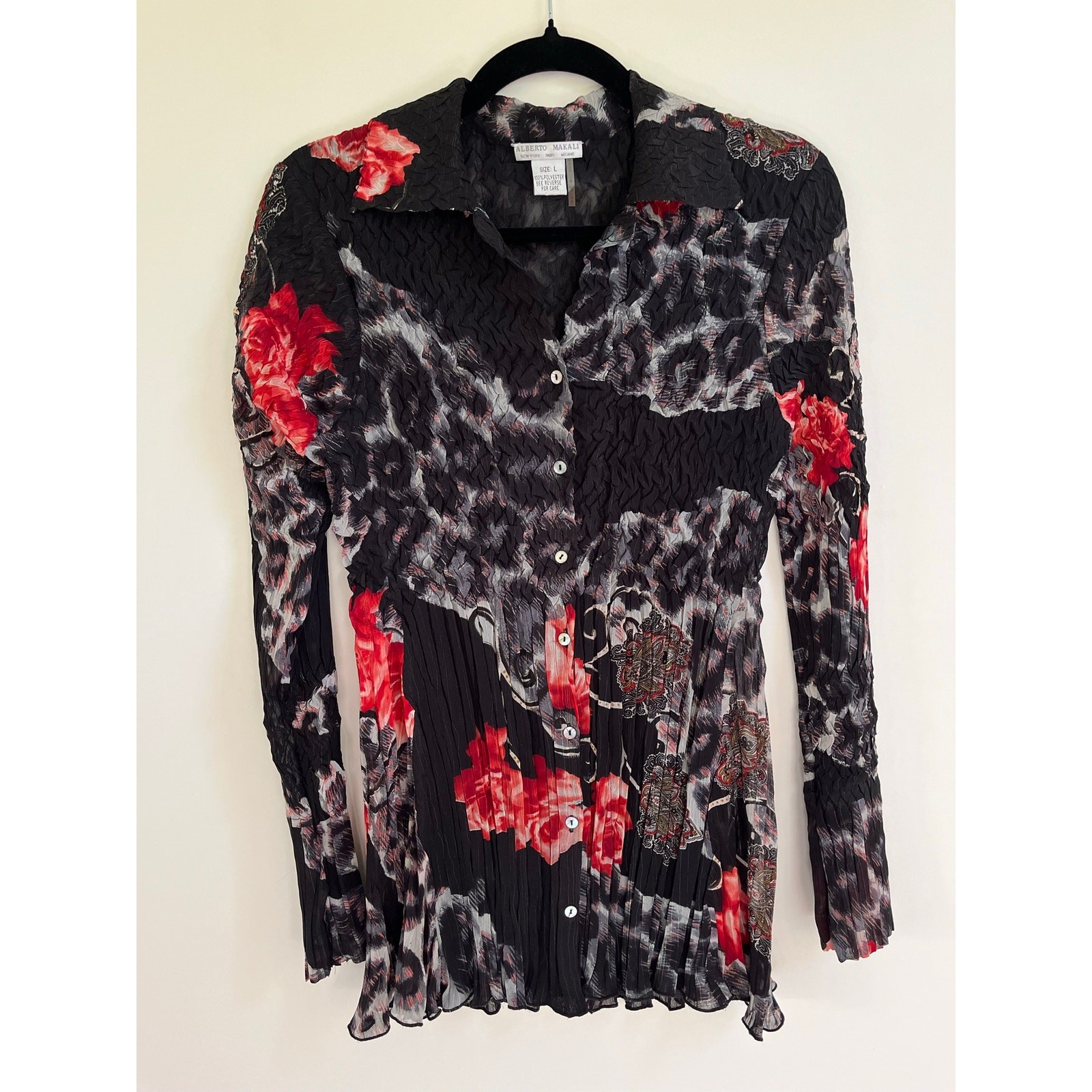 VTG Y2K Alberto Makali Crinkle Button Up Stretch Mixed Print Floral Blouse Sz L VTG Y2K Alberto Makali Crinkle Button Up Stretch Mixed Print Floral Blouse Sz L