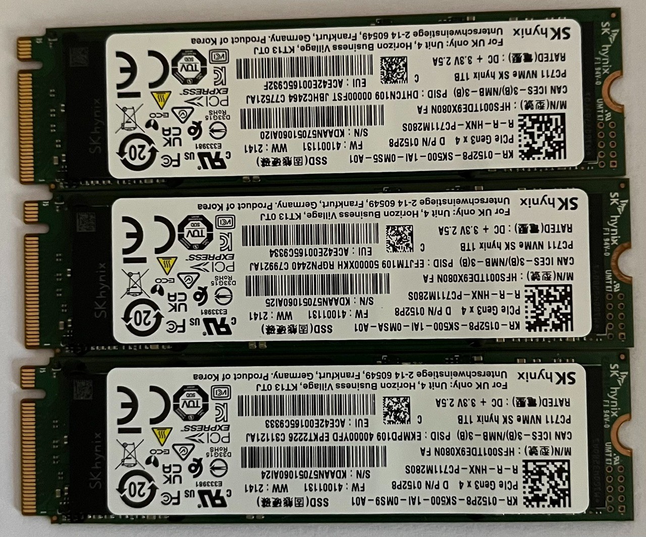 (LOT OF 3) SK Hynix HFS001TDE9X08ON FA GEN 3 1TB M.2 2280 PCIe NVMe SSD (LOT OF 3) SK Hynix HFS001TDE9X08ON FA GEN 3 1TB M.2 2280 PCIe NVMe SSD