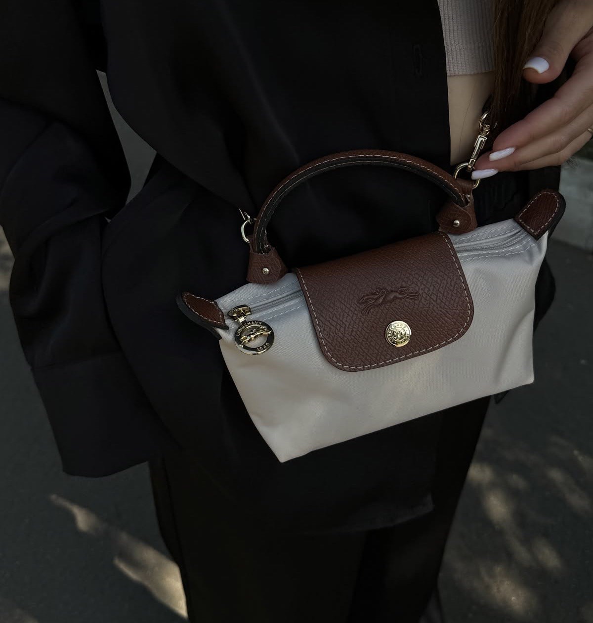 NWT Longchamp Le Pliage Pouch PAPER Ivory Nylon Leather Crossbody Bag with Strap