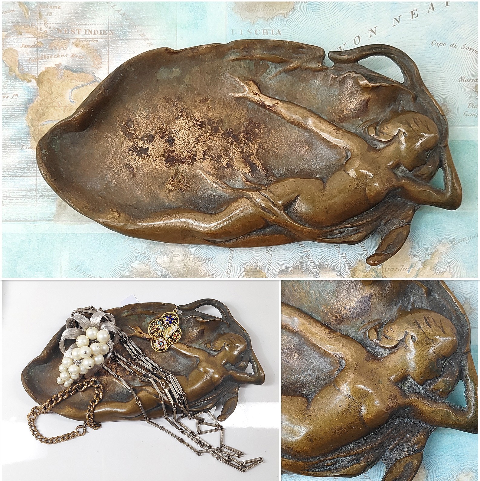 Antique Art Nouveau Bronze Brass Card Dish Nymph Nude Mermaid Woman Trinket Tray