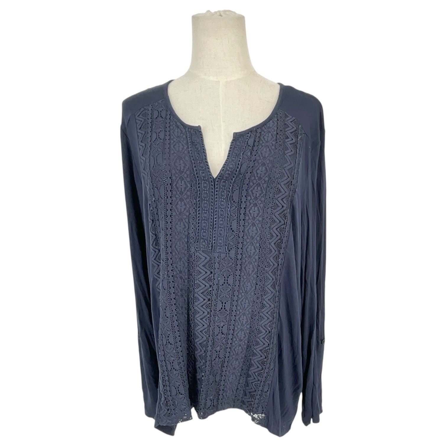 rxb Indigo Blue Lace Front Split Neck Roll Tab Sleeve Tunic Top XL Boho