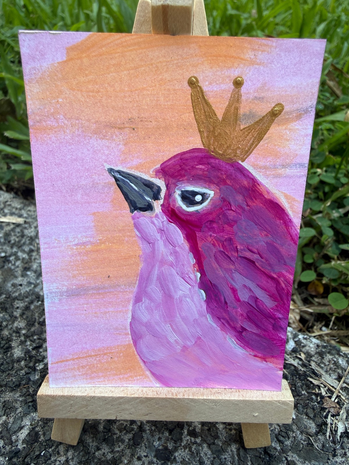 ACEO/ATC Original Acrylic Pink Bird Painting 
