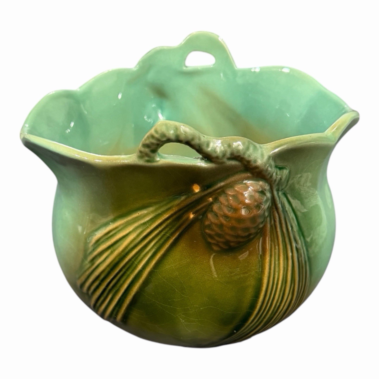 Vintage Roseville Art Pottery Pine Cone Green Footed Planter 458F-5\