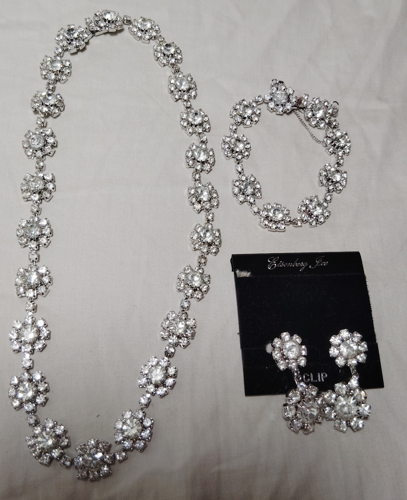 Vintage Eisenberg Ice Rhinestone Necklace Bracelet And Clip-on Earring Set