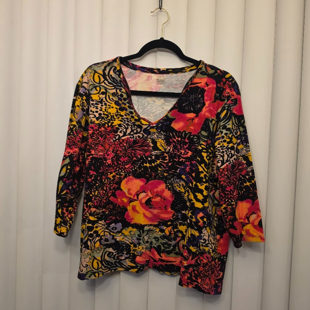 Anne Klein Sport 2x, 3/4-sleeve V-neck top with vibrant colorful floral animal