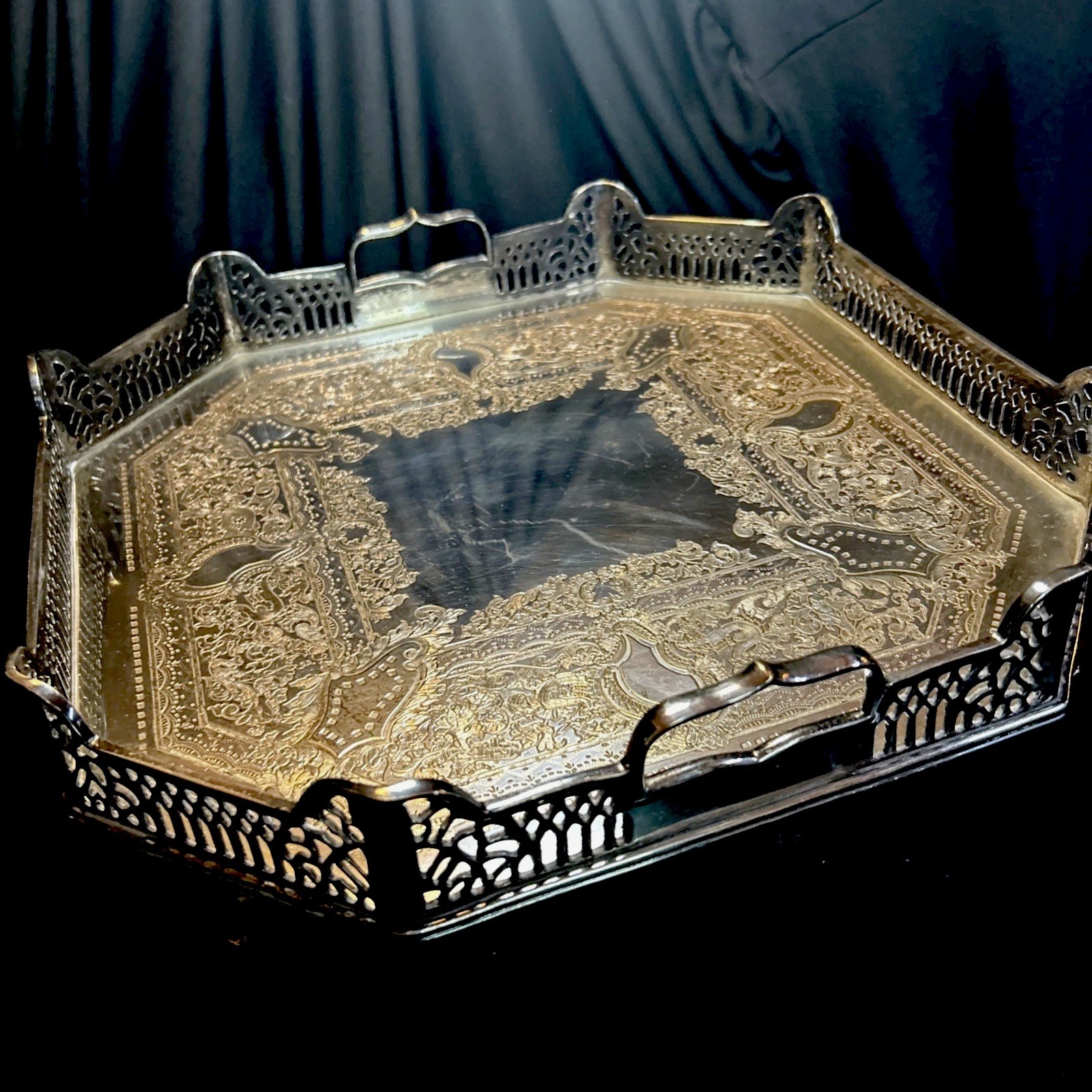 Antique  Silver Plate Art Nouveau Serving Tray Feet/Handle 16”x16” Square