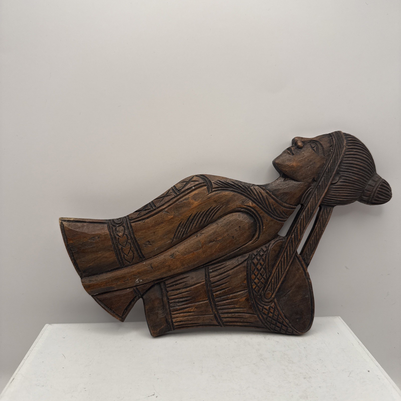 Vintage Hand Carved Wooden Wall Plaque Bas Relief African Folk Art Figural Panel