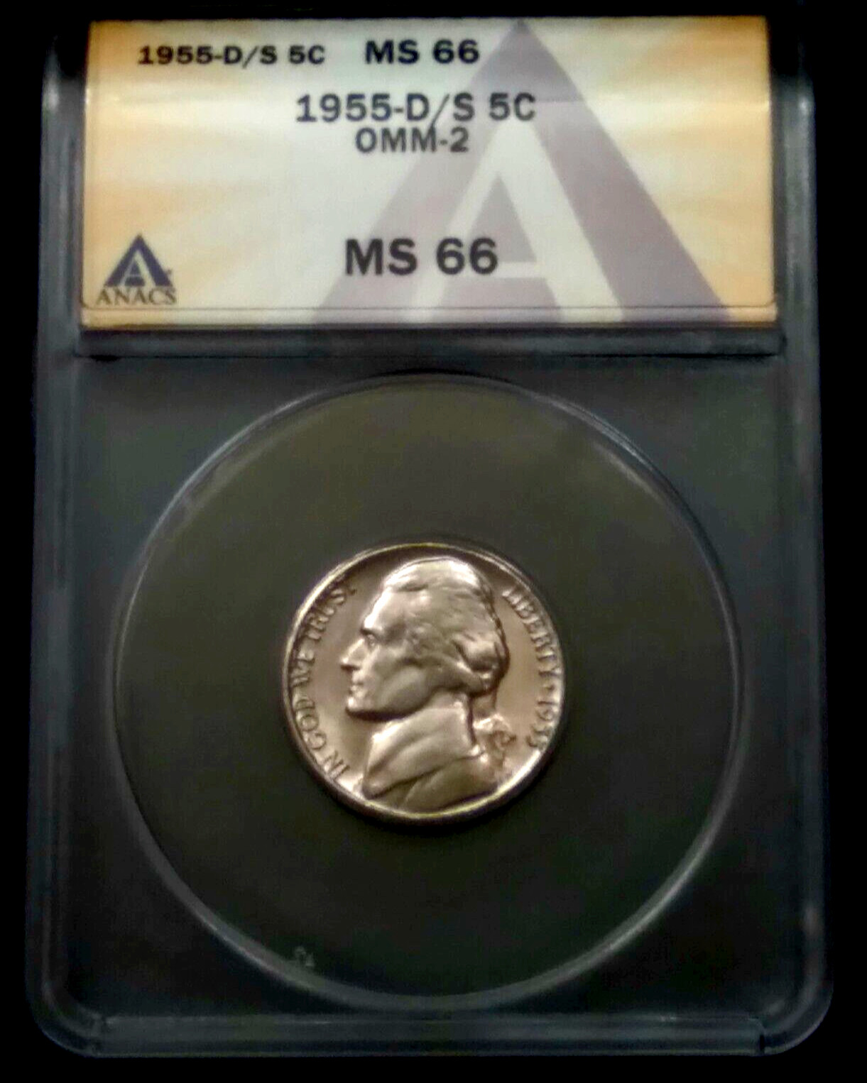 1955 D/S Jefferson Nickel 5C MS66 ANACS OMM-2
