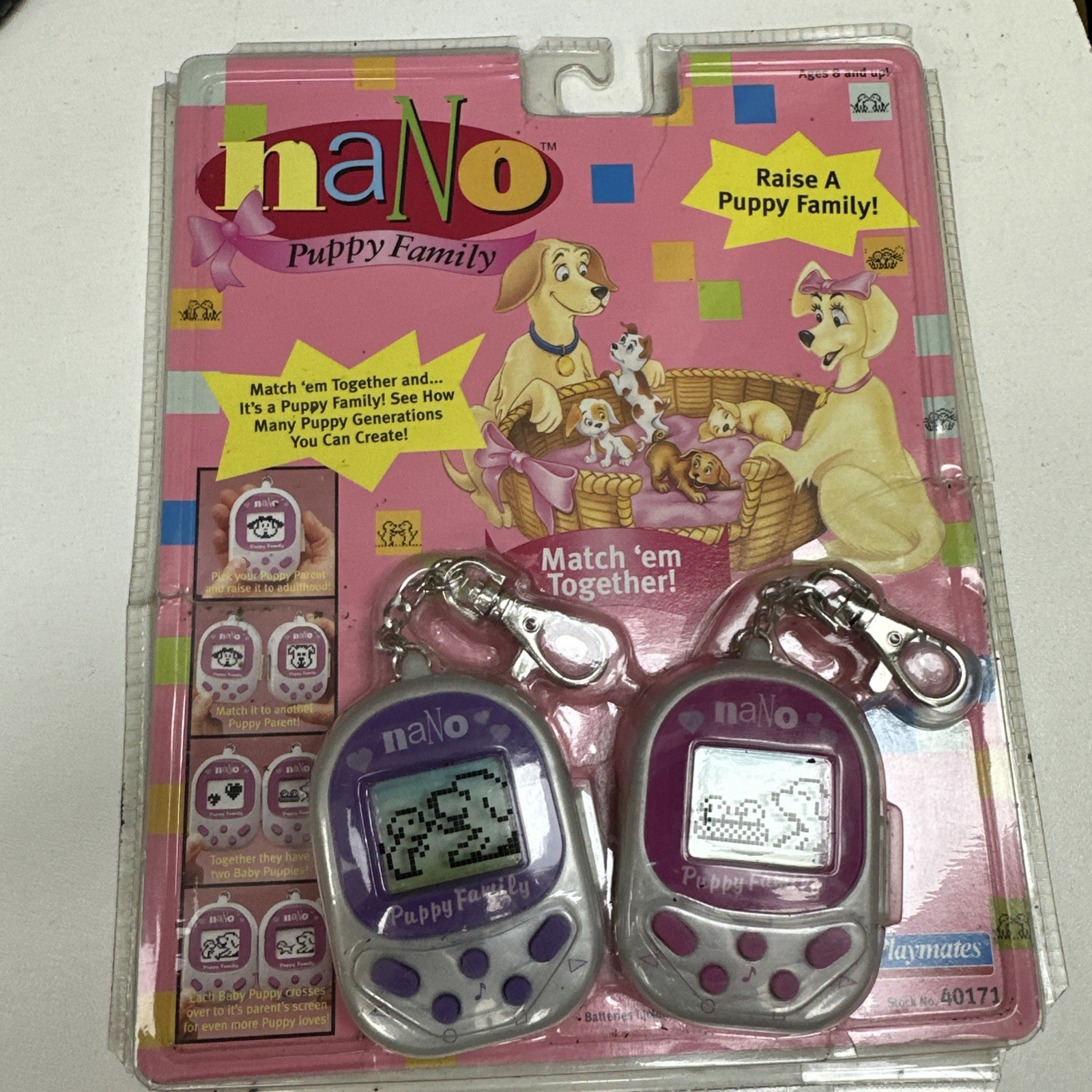 Vintage 1998 Playmates Toys, Nano Puppy Family Virtual Pet Keychain Game (2x)