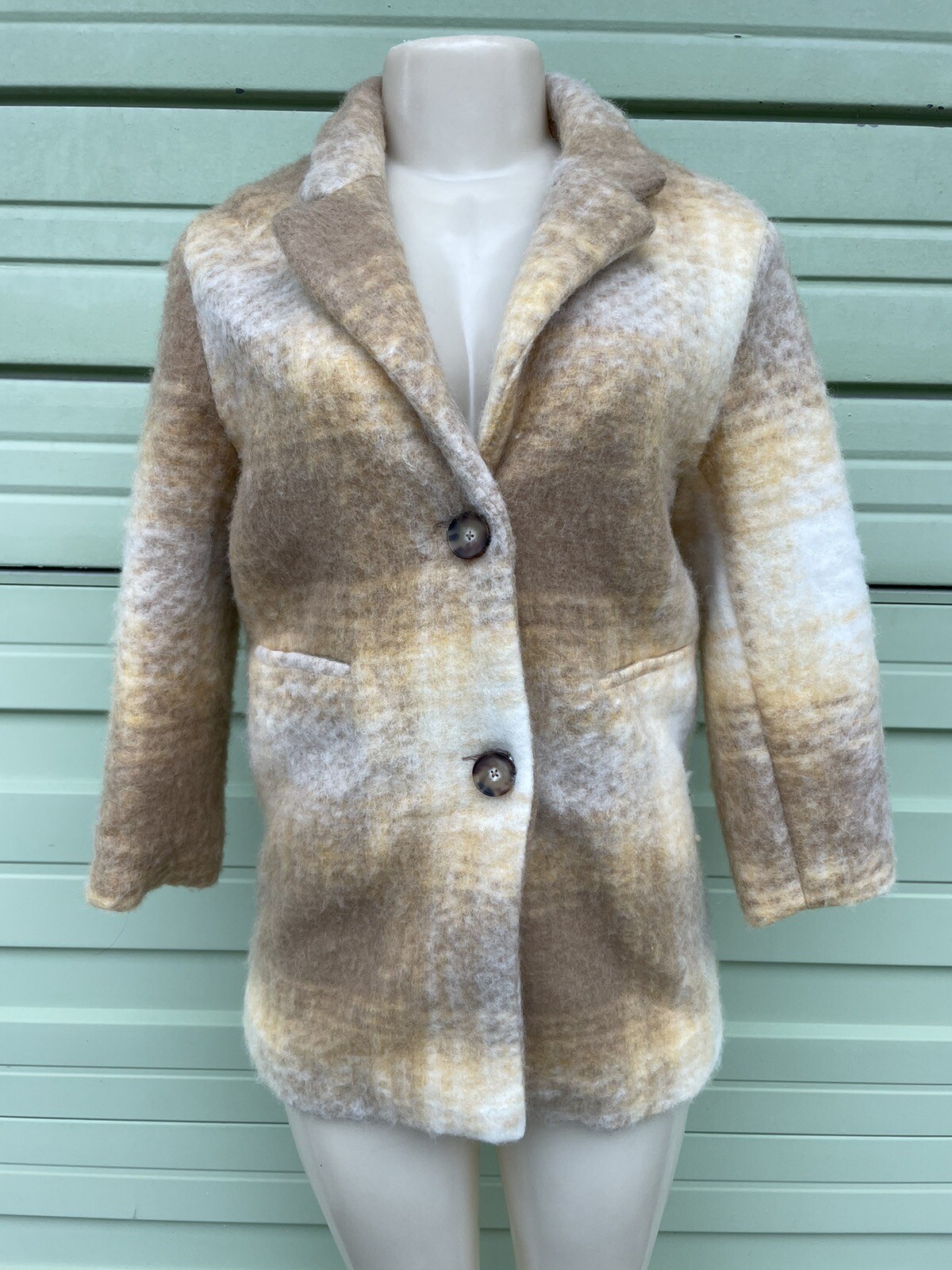 Zara Girls Camel Brown Plaid Wool Blend Coat Brushed Check Button Size 10 NWT