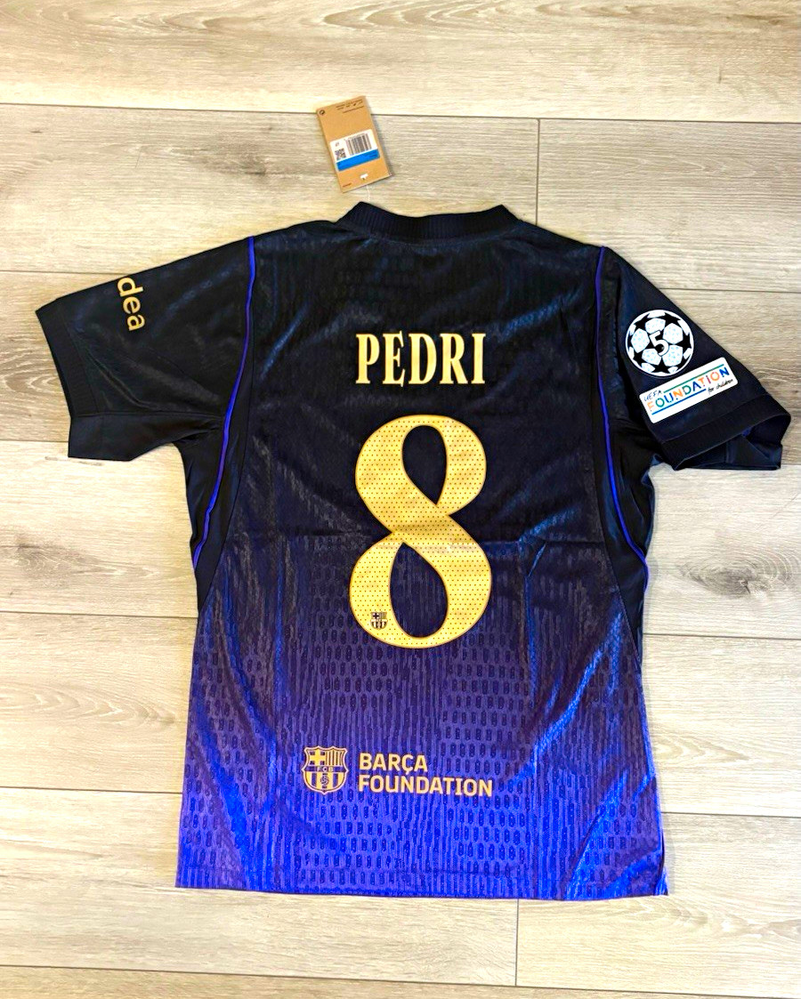 Nike FC Barcelona Pedri #8 Short Sleeve Jersey Mens M Black Champions Patch