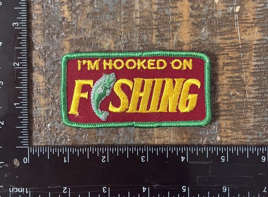 Vintage I’m Hooked On Fishing Salmon Fish Angler Iron-On Patch NOS 1970s