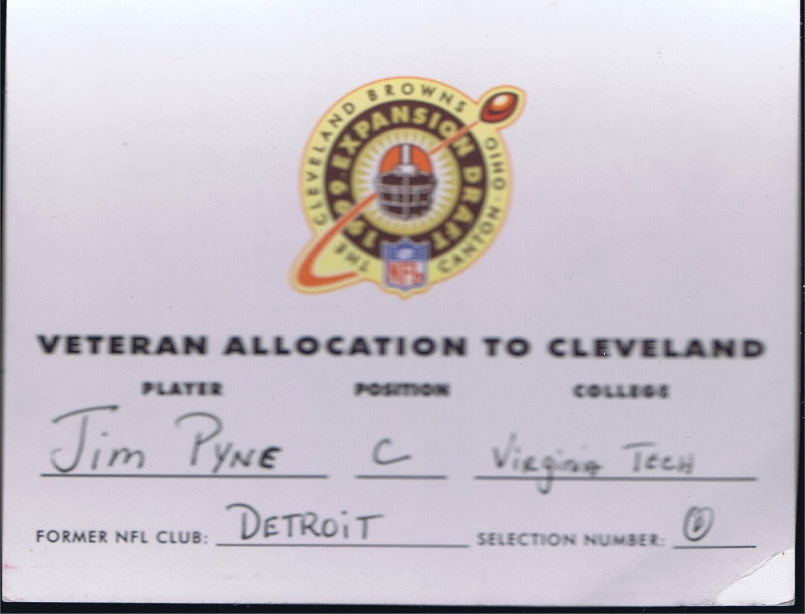 NFL Cleveland Browns 1999 Expansion Draft Selection Cards - ORIGINAL & UNIQUE