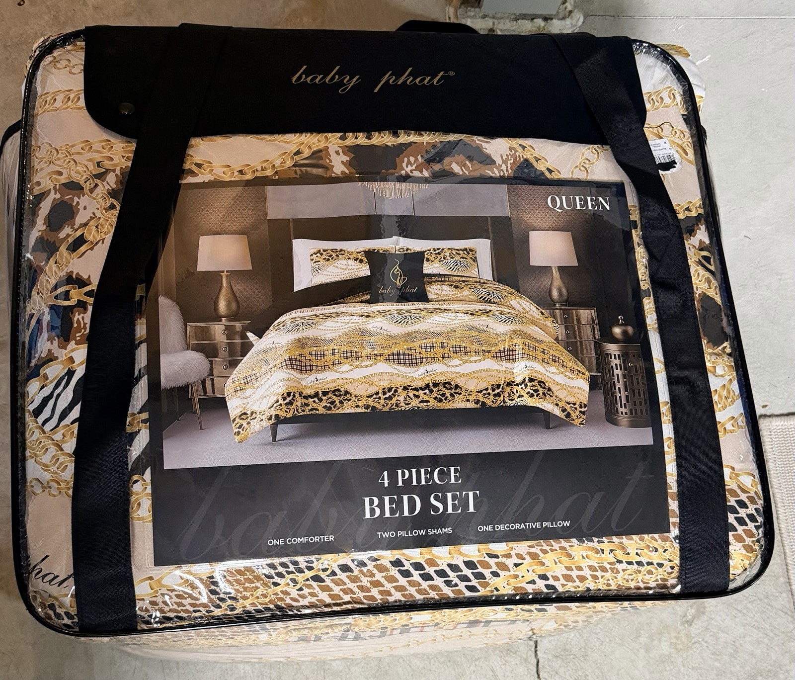 NEW Baby Phat Queen Comforter Set 4 Piece Bedding Black Gold Chain Animal Print