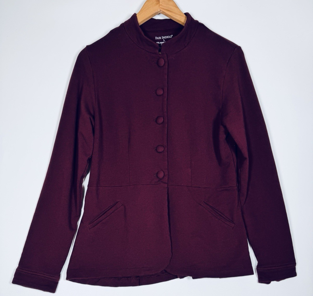 Fair Indigo Jacket Women Large Burgundy Organic Pima Cotton Stretch Blazer