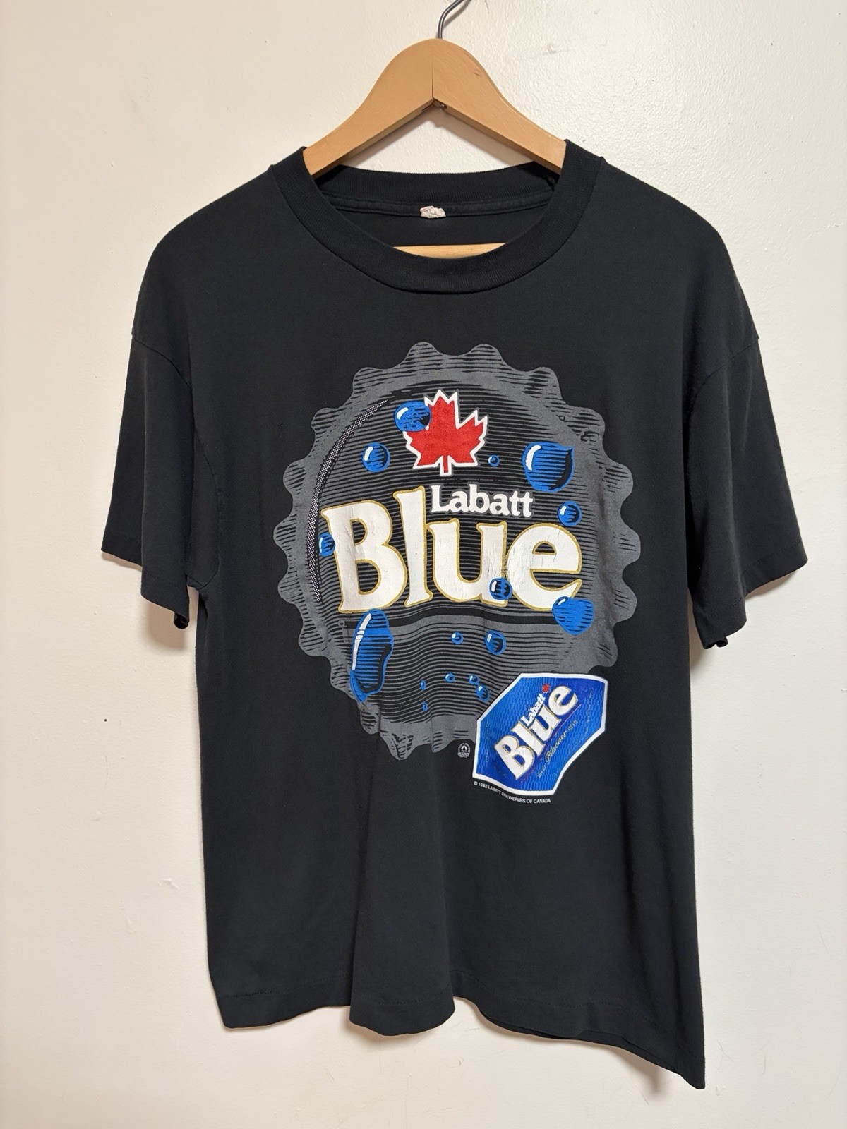 Vintage 80s Faded Black Labatt Blue Beer Promo T Shirt Size Large Made In USA