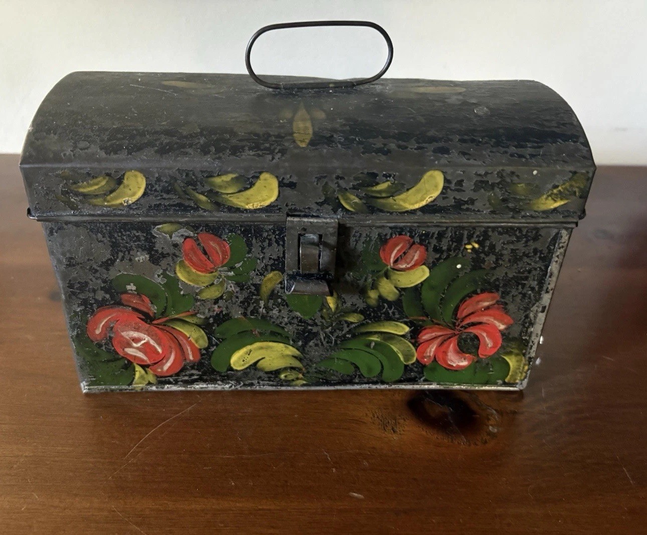 Antique Dome Top Tin Document Box w/ Original Decoration 
