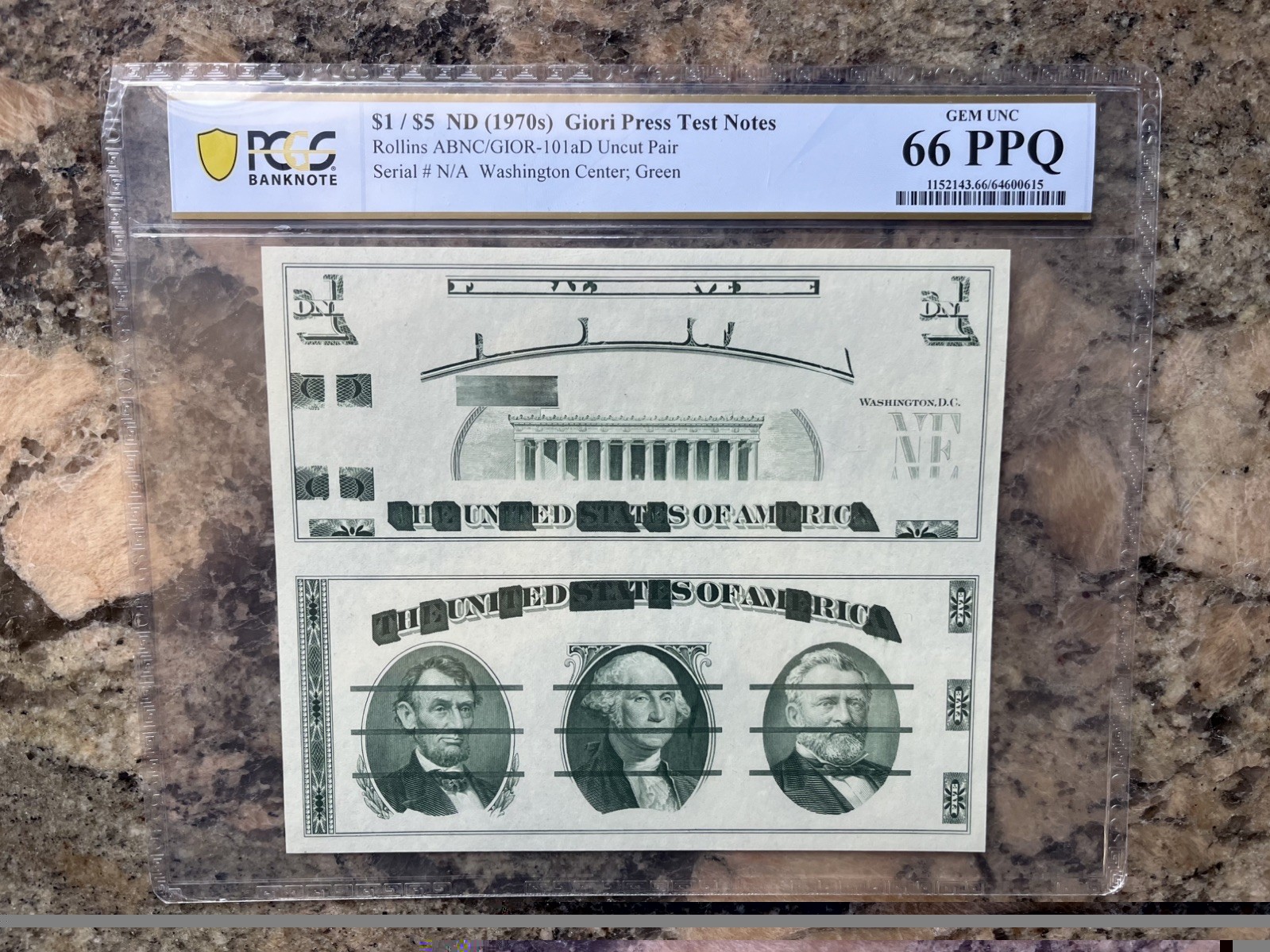 1970s Giori Test Note ~ Washington Center Uncut Pair ~ PCGS Gem 66PPQ
