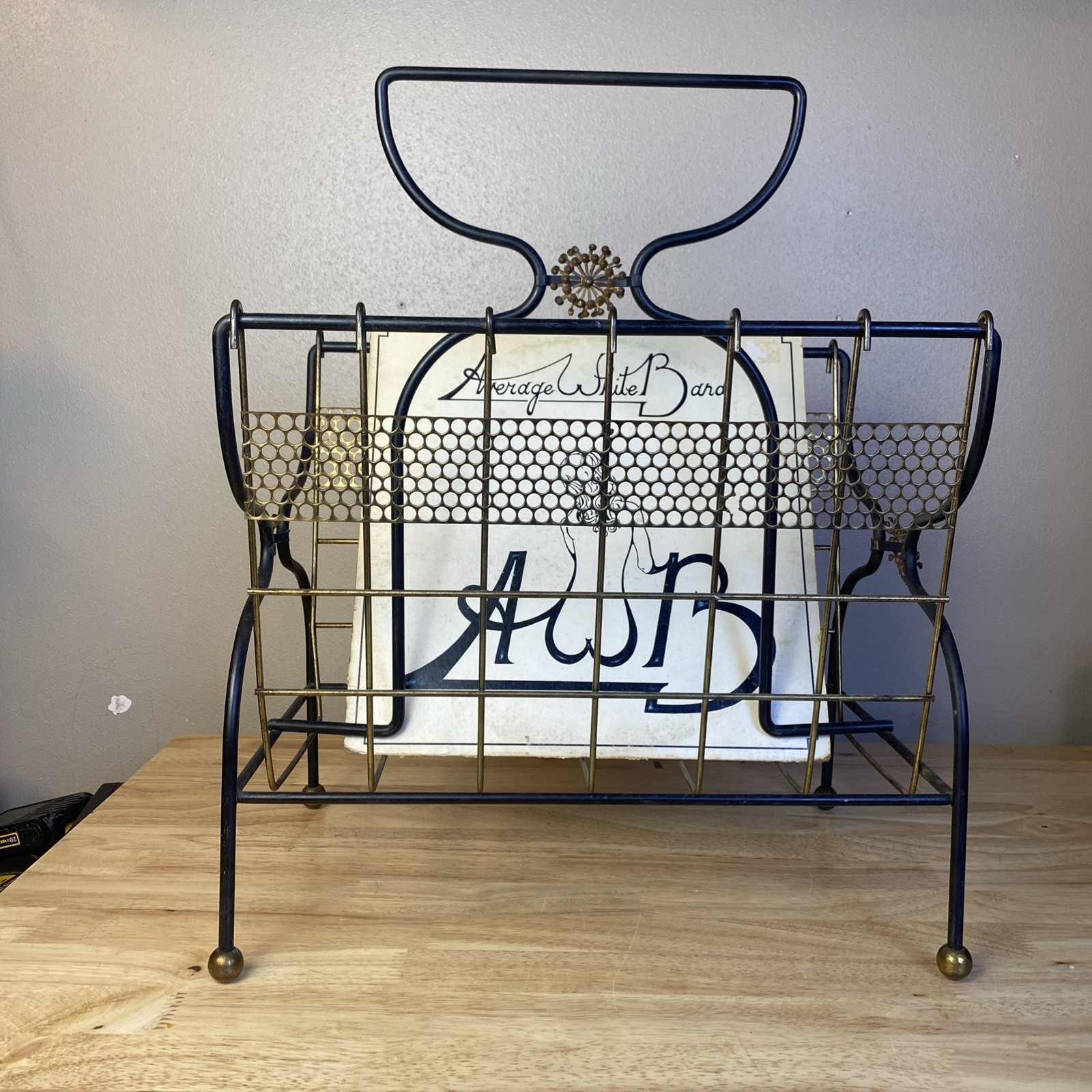 VTG MCM Atomic Sputnik Metal Record LP Magazine holder Brass Starburst Medallion VTG MCM Atomic Sputnik Metal Record LP Magazine holder Brass Starburst Medallion