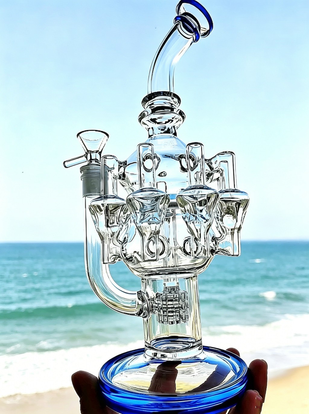 big 12” blue Recycler rig Eight hearts Water pipe Smoking tire bong with 14MM