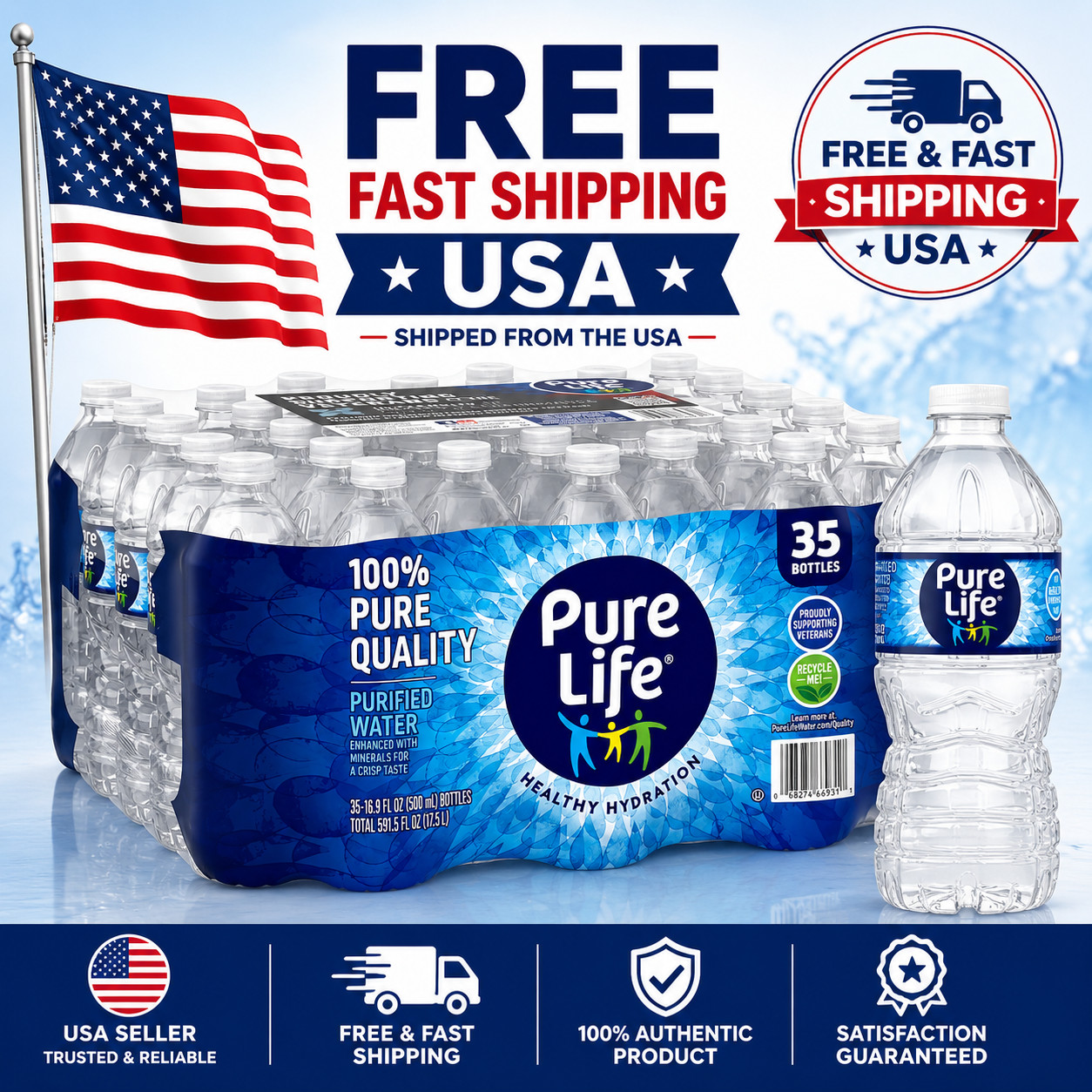 Pure Life Purified Water, 16.9 Fl Oz, 35-Pack Plastic Bottles