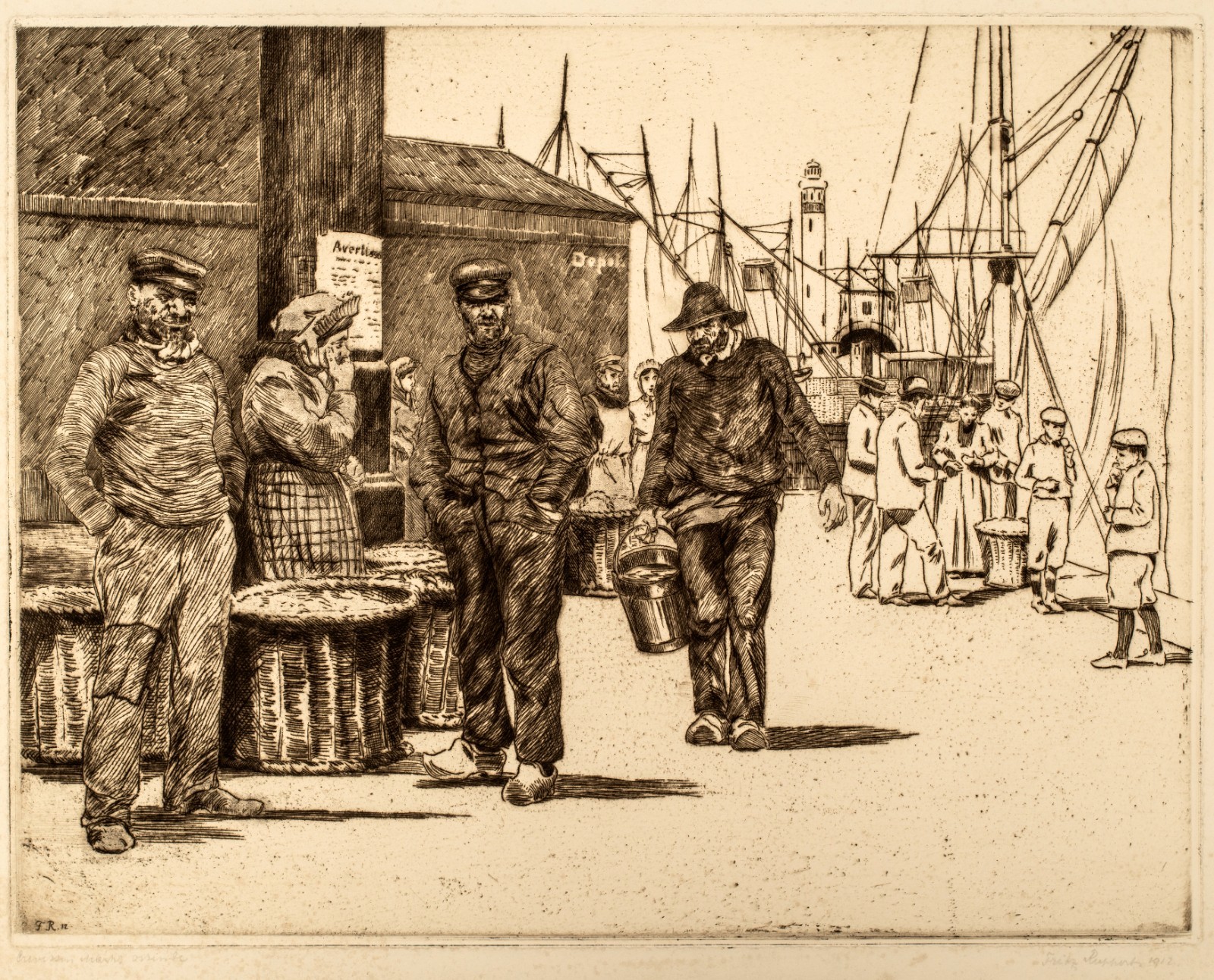 German Etching, Fritz Ruppert (1878-1937) Ostende Lobstermen, 1912. 15\ German Etching, Fritz Ruppert (1878-1937) Ostende Lobstermen, 1912. 15\