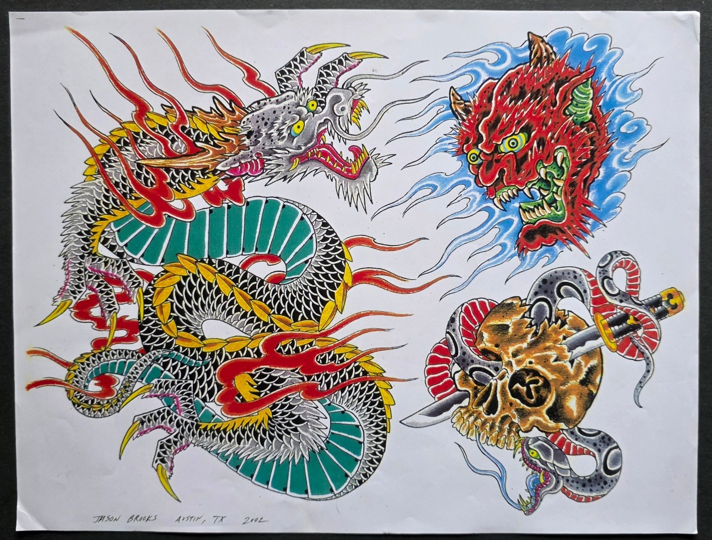 Vintage 2002 Jason Brooks, Shop Used Traditional Tattoo Flash Sheet Austin, TX 2