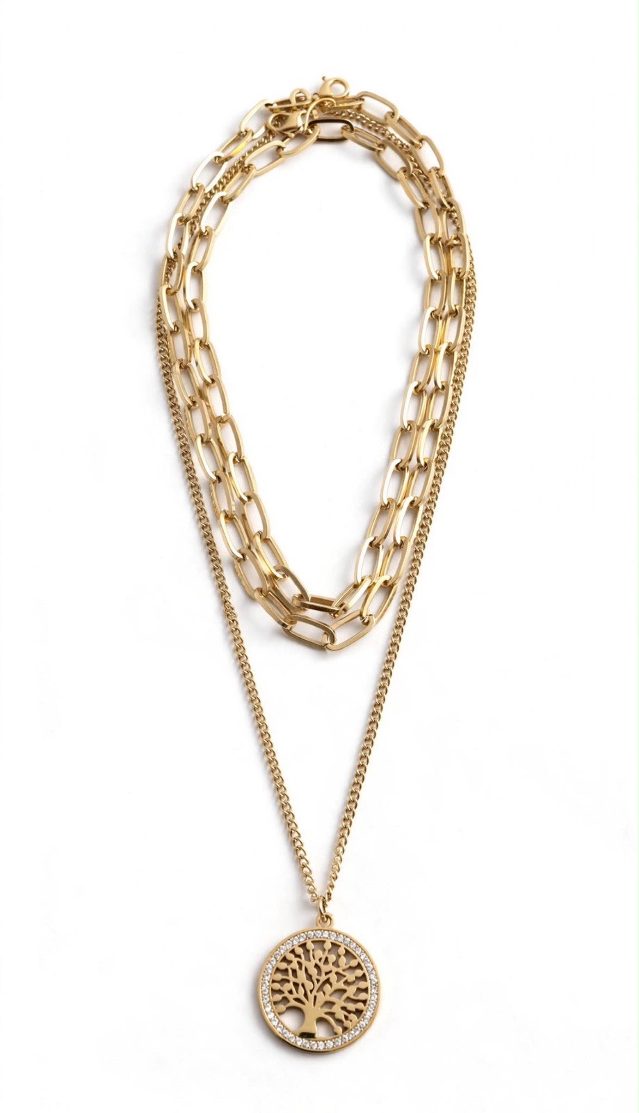 Gold Tone Layered Cable Chain Necklace Round Tree of Life Charm Pendant